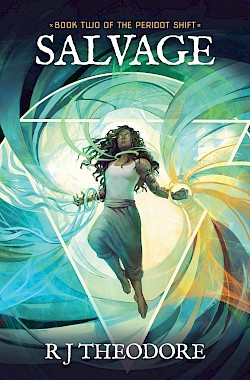 Artwork: A brown skinned woman hovers in the center of an alchemical sigil. Strands of power loop around her wrists and neck. There is damage to her arm, revealing technology beneath her skin. Art by Julie Dillon.